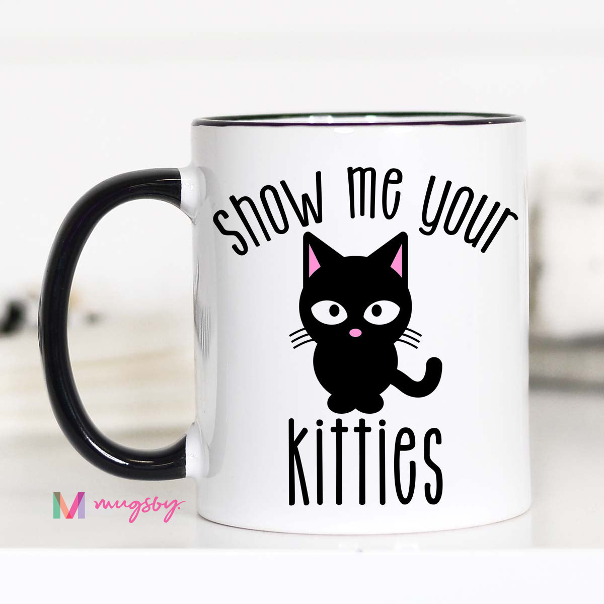 11 ounce mug black hand and rim. Black cat on white background. "Show me your kitties"